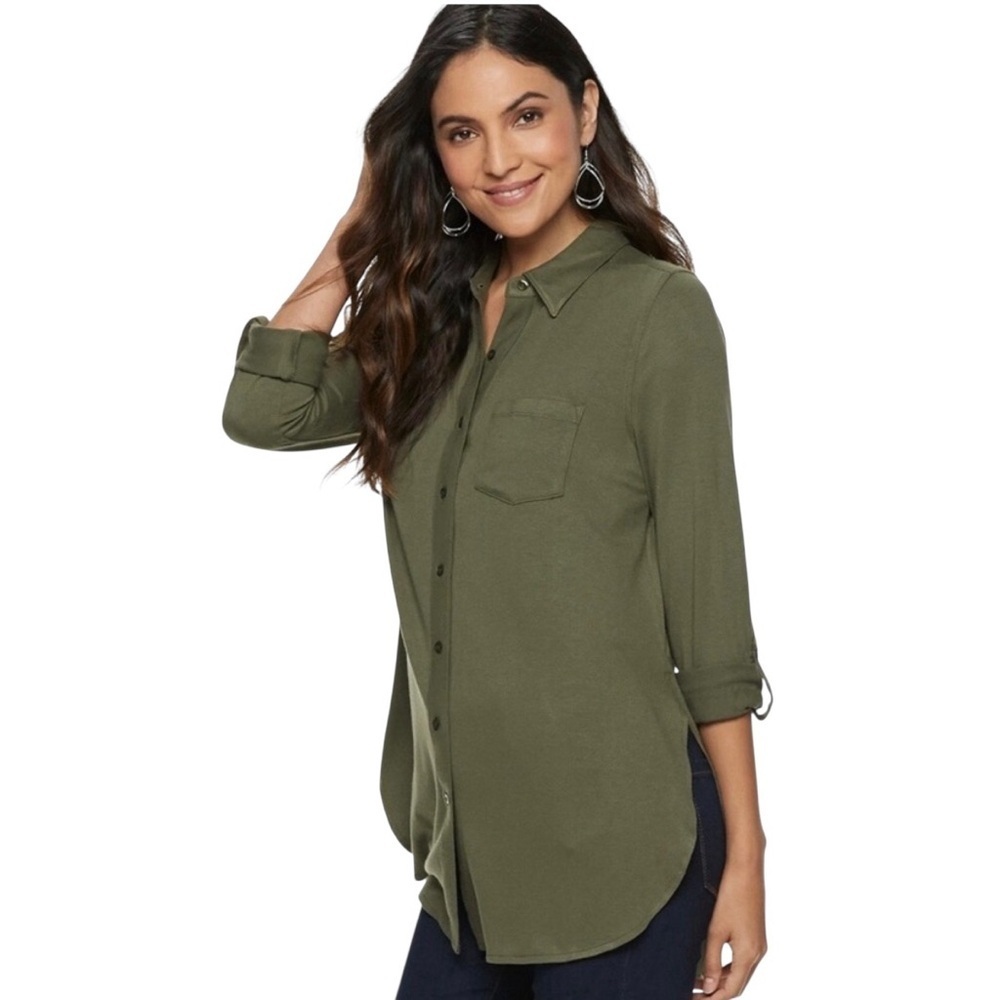 Apt. 9 Size 2X Olive Green Button Front Roll Tab Sleeve Blouse